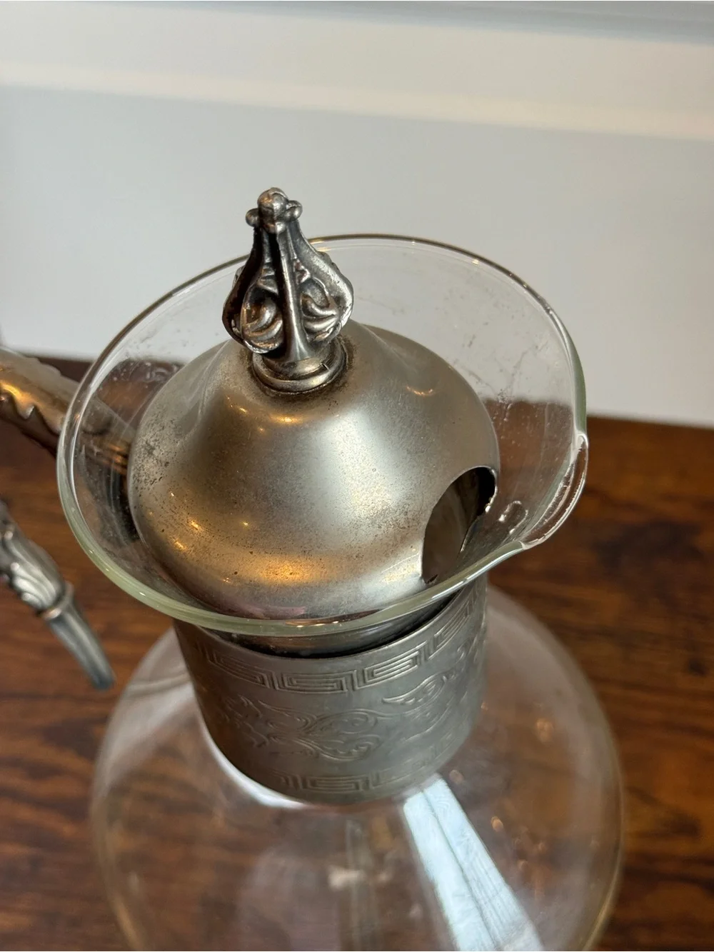 Vintage Corning Glass Coffee Tea Carafe Pitcher Silver Plated Ornate Trim Lid.
